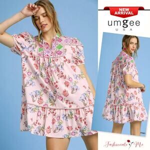 Umgee Floral Print Tie Neckline Puff Sleeves Tiered Babydoll Mini Dress | Pink